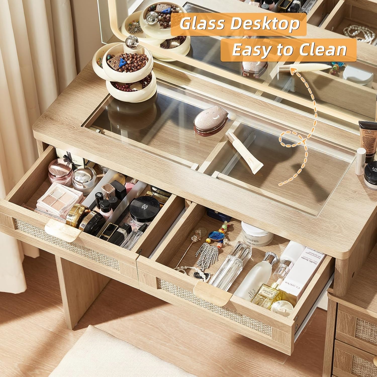 Rattan Vanity Desk Glass Top Mirror Lighting