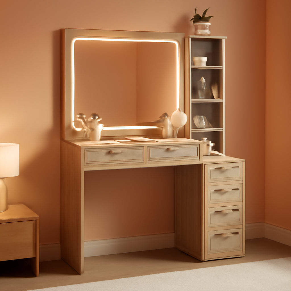 Rattan Vanity Desk Glass Top Mirror Lighting