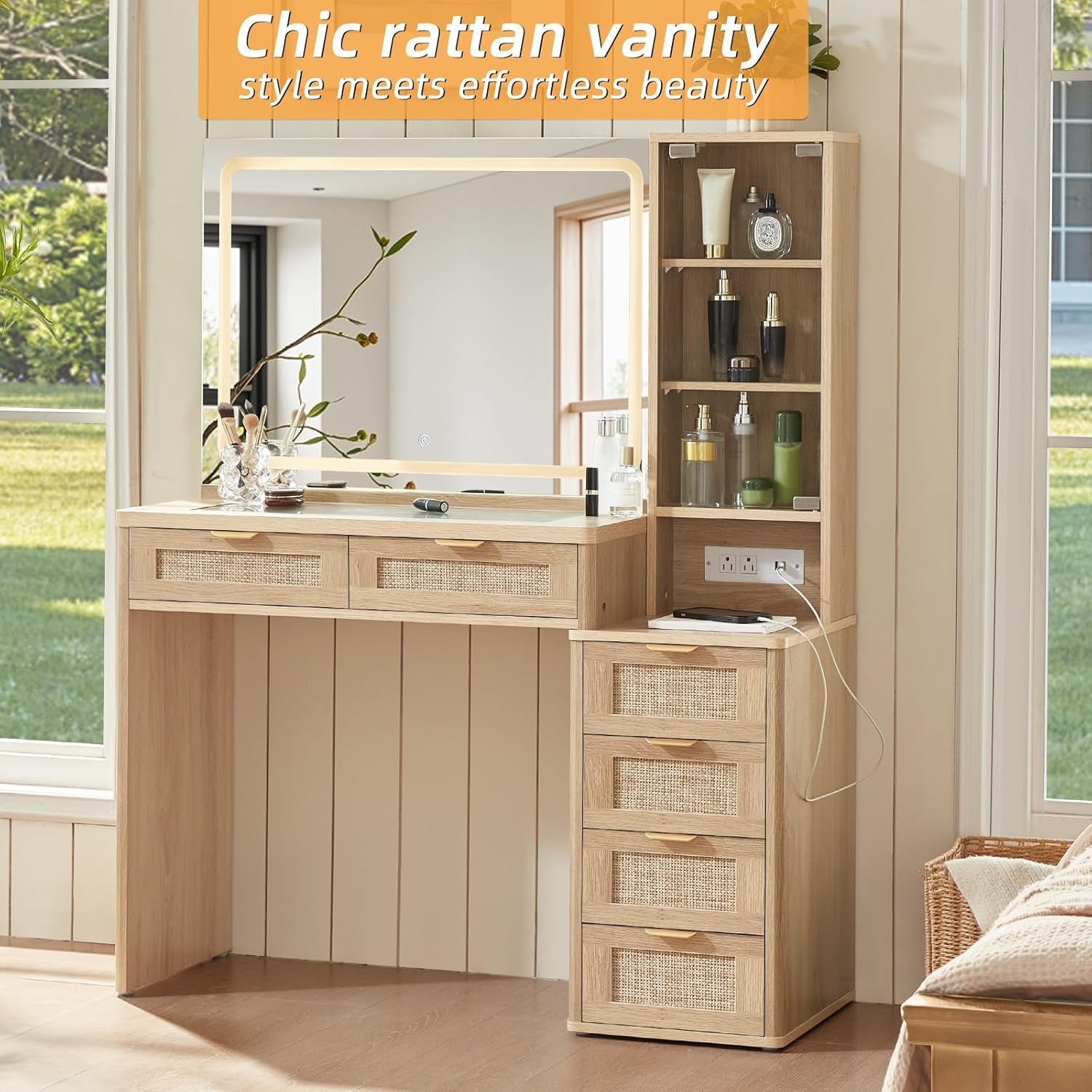 Rattan Vanity Desk Glass Top Mirror Lighting