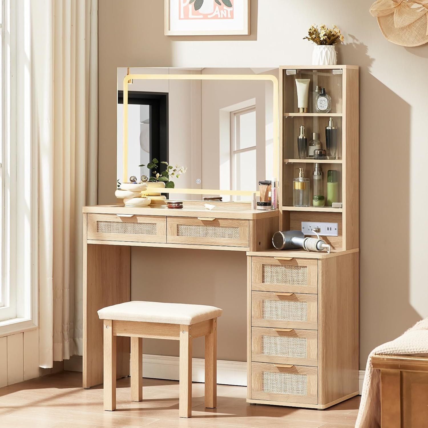 Rattan Vanity Desk Glass Top Mirror Lighting